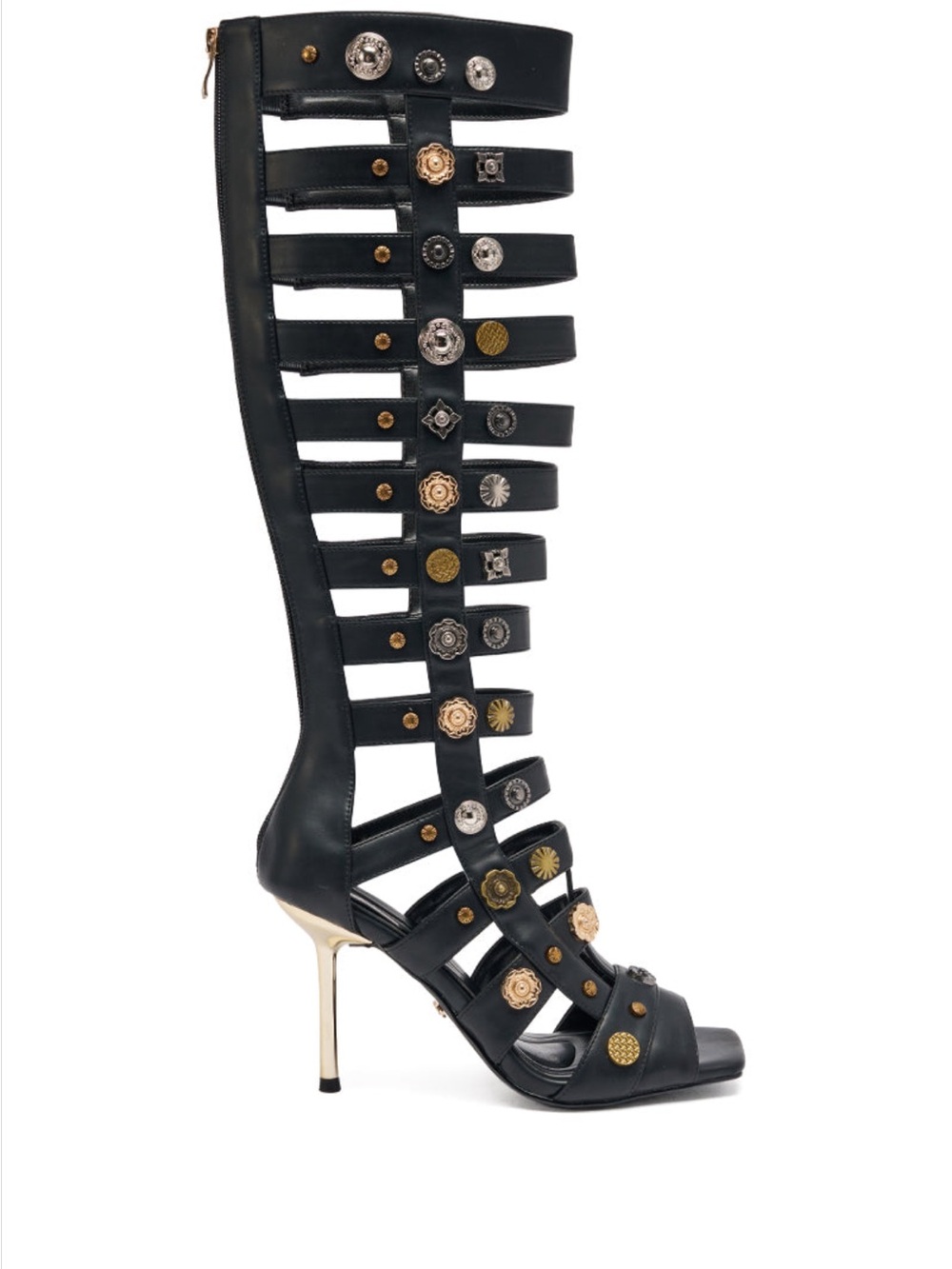 Black Gladiator Knee-High Stiletto Sandal with Metallic Accents